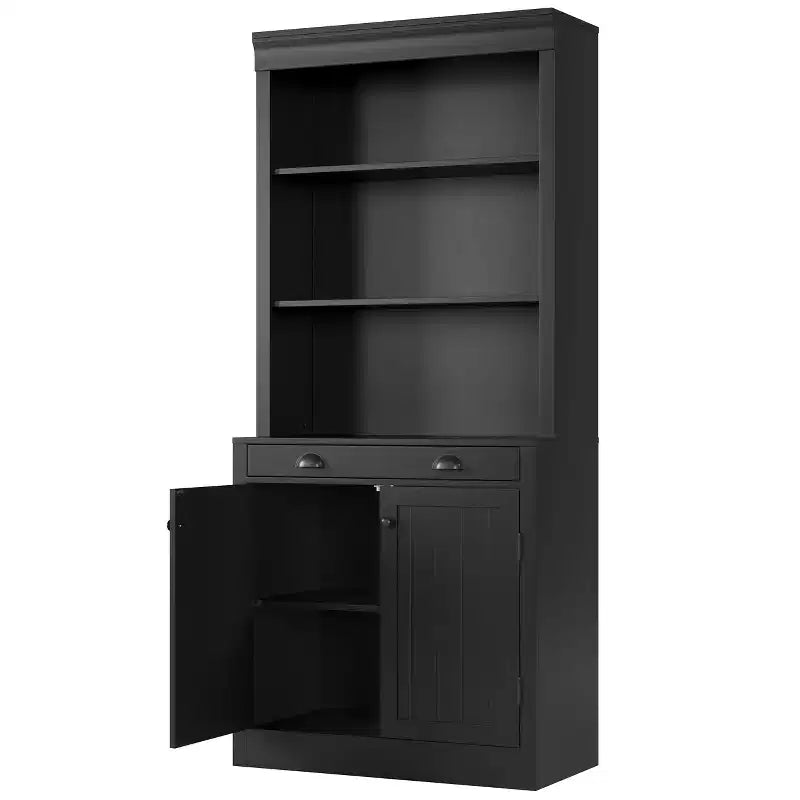 70 Tall Freestanding Bookshelf, 5 Tier Wooden Bookcase with Open Shelves & Cabinet, Modern Display Storage Cabinet, Pantry Sideboard