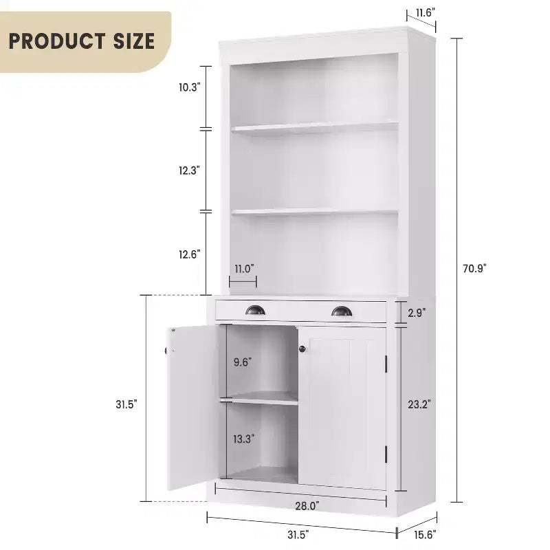70 Tall Freestanding Bookshelf, 5 Tier Wooden Bookcase with Open Shelves & Cabinet, Modern Display Storage Cabinet, Pantry Sideboard