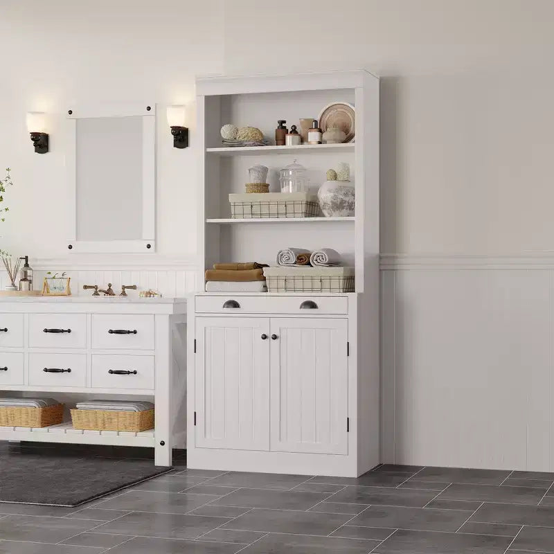 70 Tall Freestanding Bookshelf, 5 Tier Wooden Bookcase with Open Shelves & Cabinet, Modern Display Storage Cabinet, Pantry Sideboard