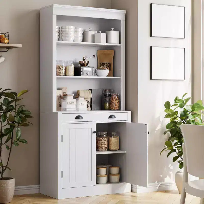 70 Tall Freestanding Bookshelf, 5 Tier Wooden Bookcase with Open Shelves & Cabinet, Modern Display Storage Cabinet, Pantry Sideboard