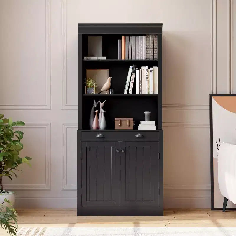 70 Tall Freestanding Bookshelf, 5 Tier Wooden Bookcase with Open Shelves & Cabinet, Modern Display Storage Cabinet, Pantry Sideboard