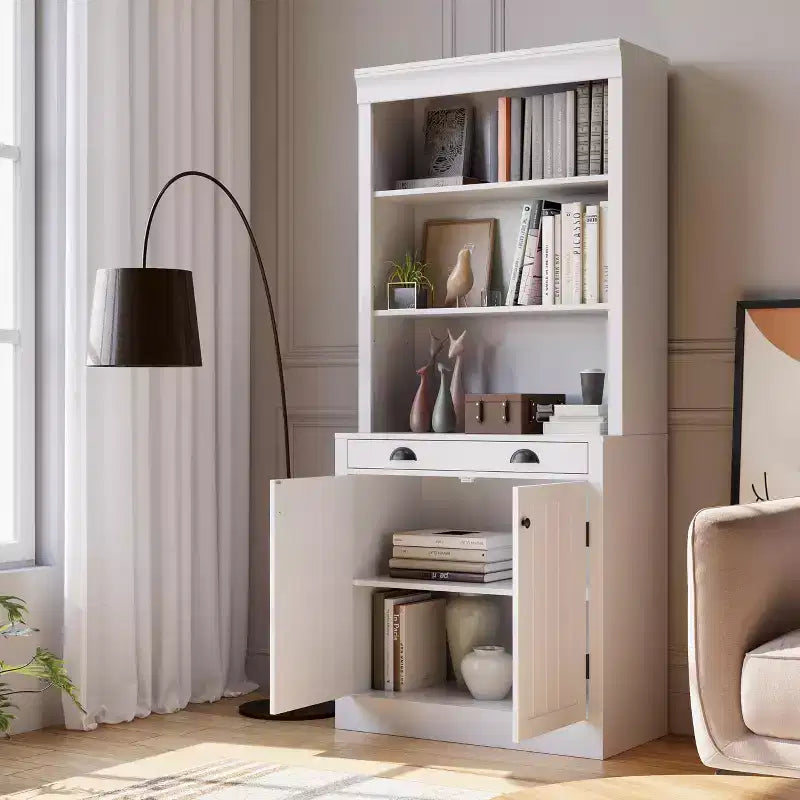 70 Tall Freestanding Bookshelf, 5 Tier Wooden Bookcase with Open Shelves & Cabinet, Modern Display Storage Cabinet, Pantry Sideboard