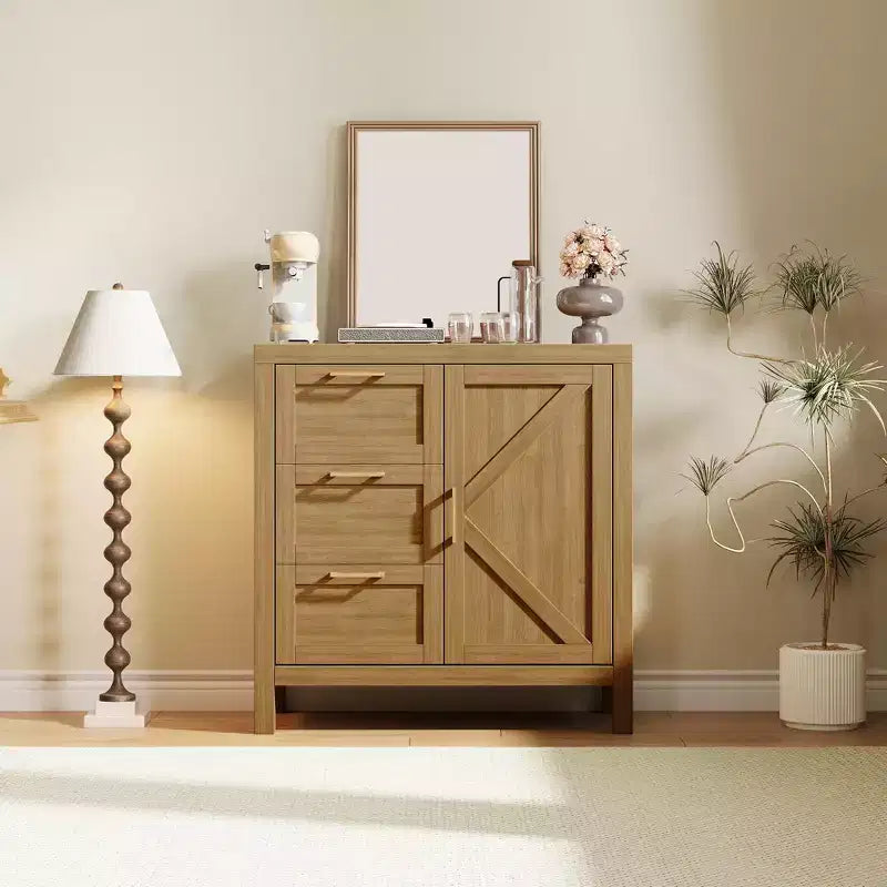 Wooden Storage Cabinet with 3 Drawers for Living Room, Walnut