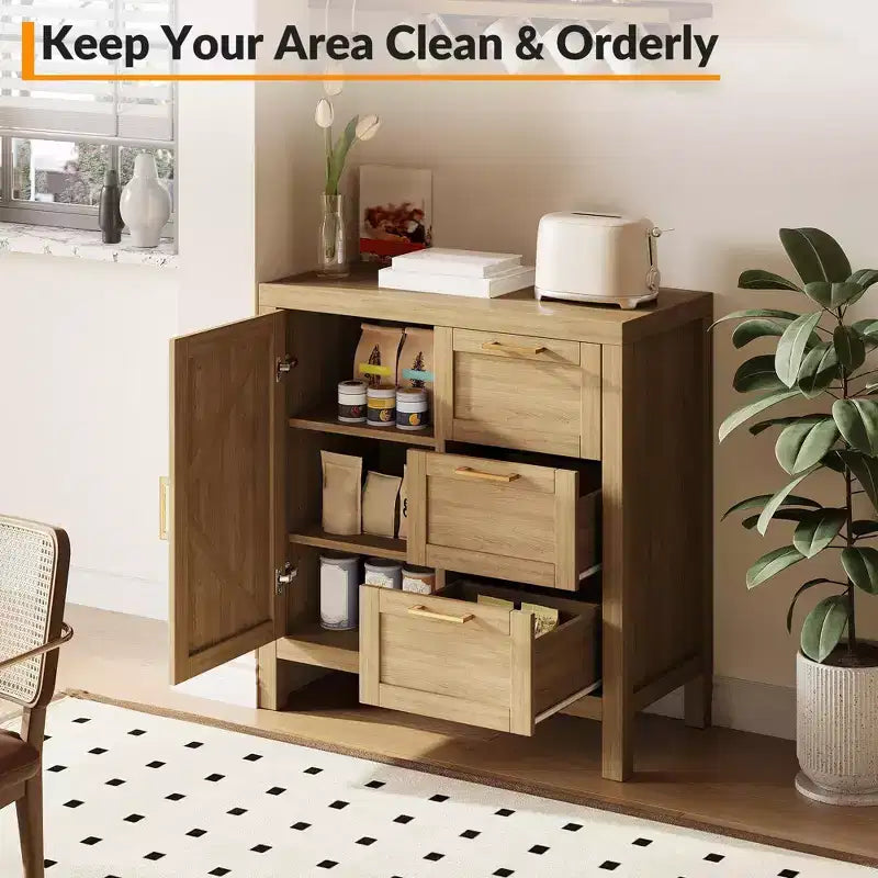 Wooden Storage Cabinet with 3 Drawers for Living Room, Walnut