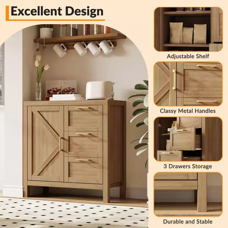 Wooden Storage Cabinet with 3 Drawers for Living Room, Walnut