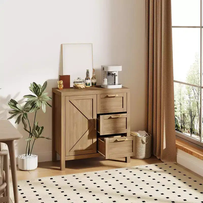 Wooden Storage Cabinet with 3 Drawers for Living Room, Walnut