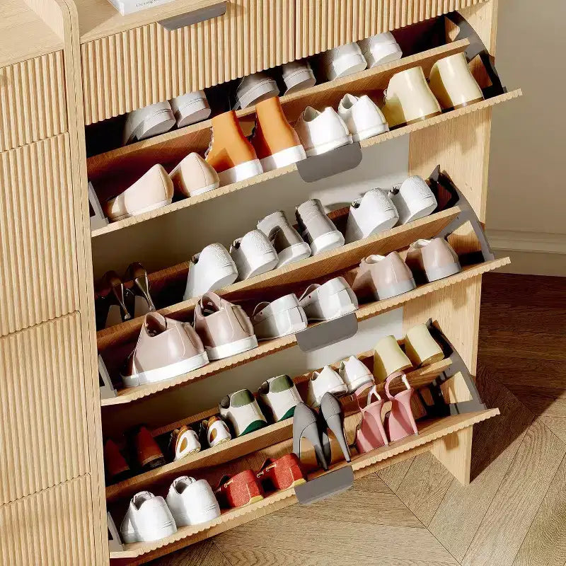 Fluted Narrow Shoe Storage Cabinet with 3 Flip Drawers, Modern Shoe Cabinet, Freestanding Hidden Shoe Rack for Hallway, Entryway, Living Room