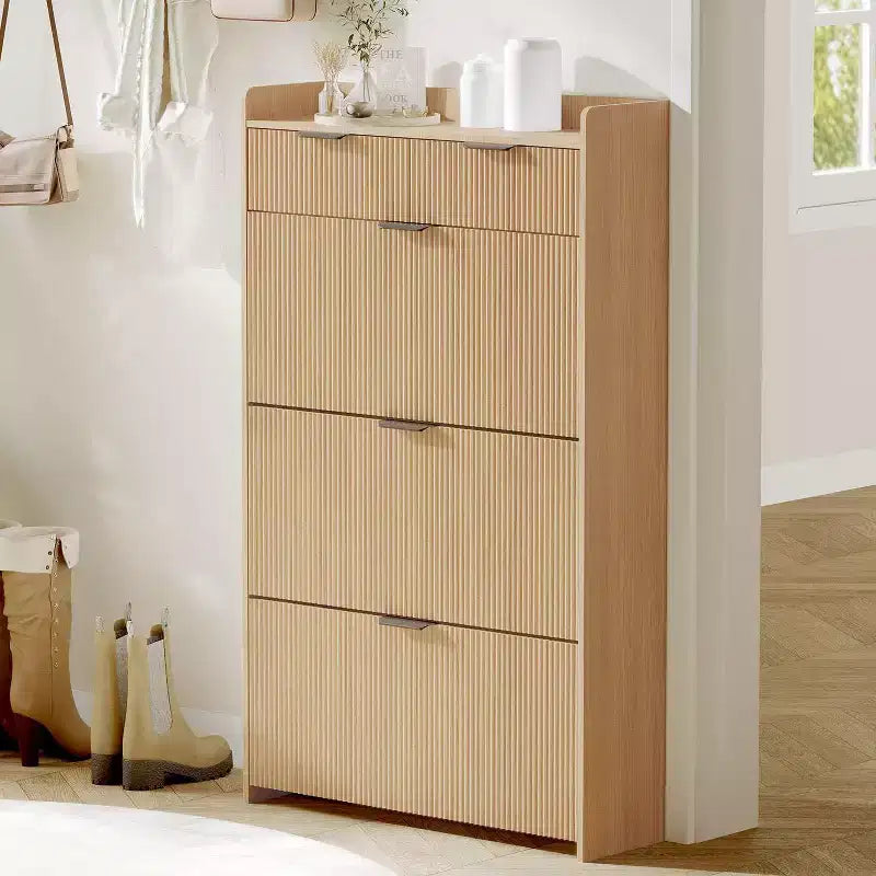 Fluted Narrow Shoe Storage Cabinet with 3 Flip Drawers, Modern Shoe Cabinet, Freestanding Hidden Shoe Rack for Hallway, Entryway, Living Room