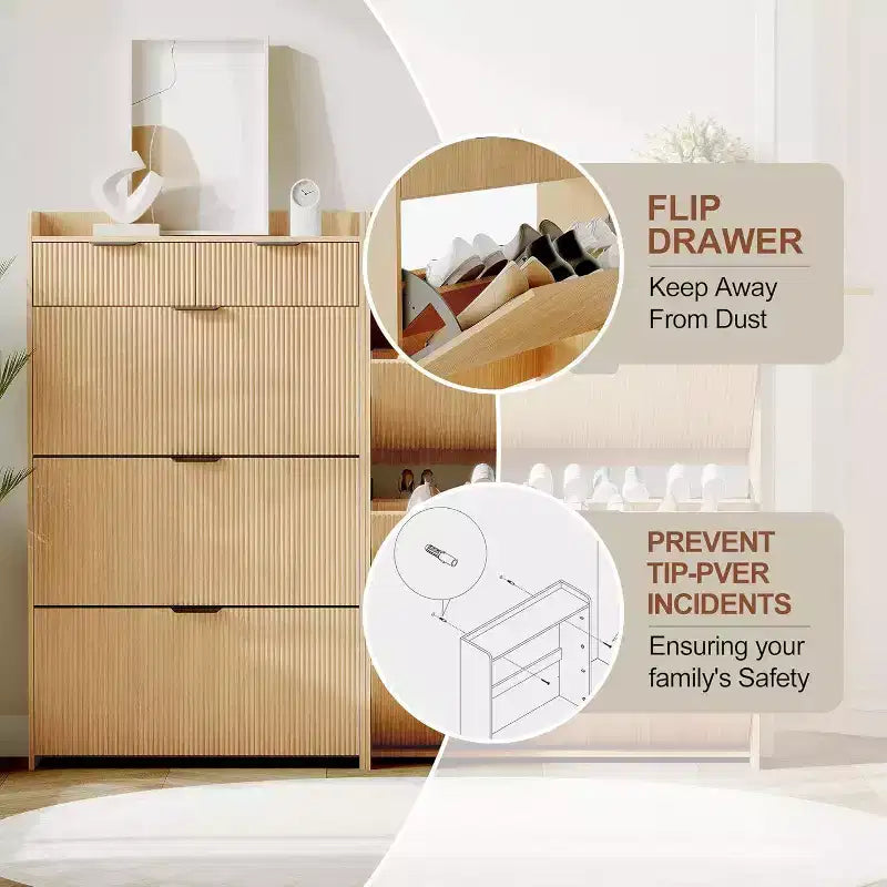 Fluted Narrow Shoe Storage Cabinet with 3 Flip Drawers, Modern Shoe Cabinet, Freestanding Hidden Shoe Rack for Hallway, Entryway, Living Room