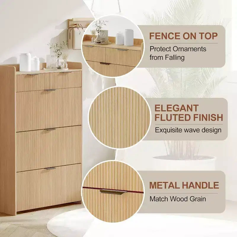 Fluted Narrow Shoe Storage Cabinet with 3 Flip Drawers, Modern Shoe Cabinet, Freestanding Hidden Shoe Rack for Hallway, Entryway, Living Room