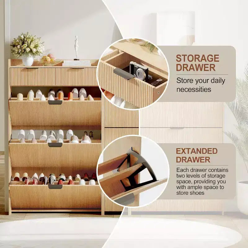 Fluted Narrow Shoe Storage Cabinet with 3 Flip Drawers, Modern Shoe Cabinet, Freestanding Hidden Shoe Rack for Hallway, Entryway, Living Room