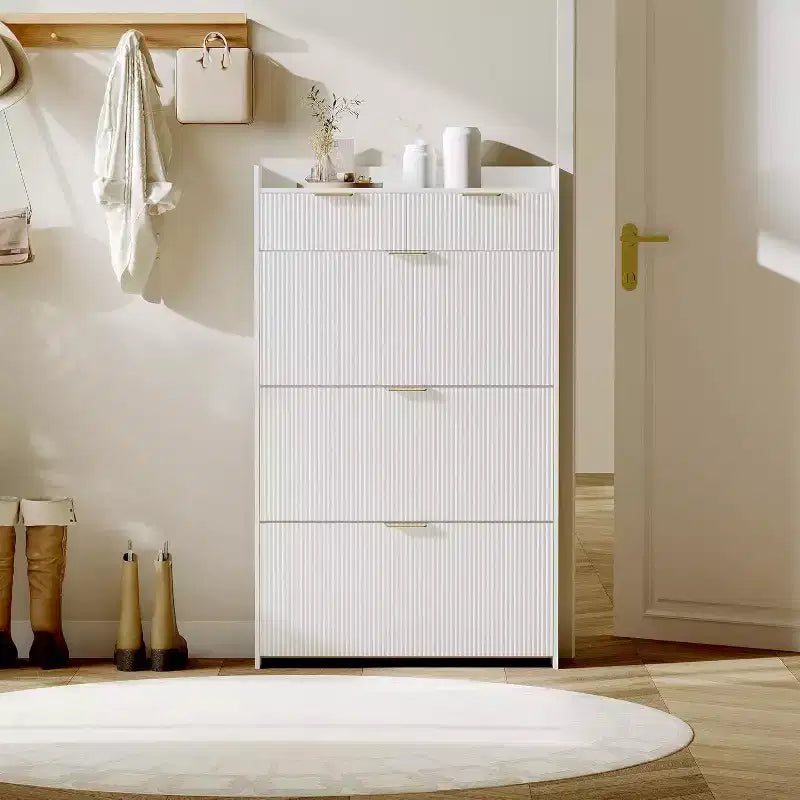 Fluted Narrow Shoe Storage Cabinet with 3 Flip Drawers, Modern Shoe Cabinet, Freestanding Hidden Shoe Rack for Hallway, Entryway, Living Room