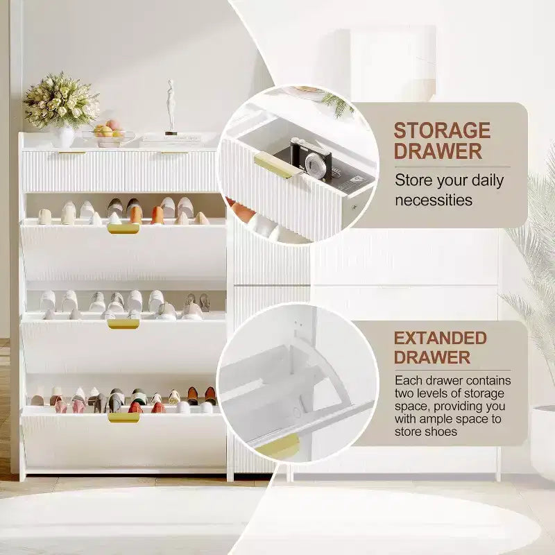 Fluted Narrow Shoe Storage Cabinet with 3 Flip Drawers, Modern Shoe Cabinet, Freestanding Hidden Shoe Rack for Hallway, Entryway, Living Room