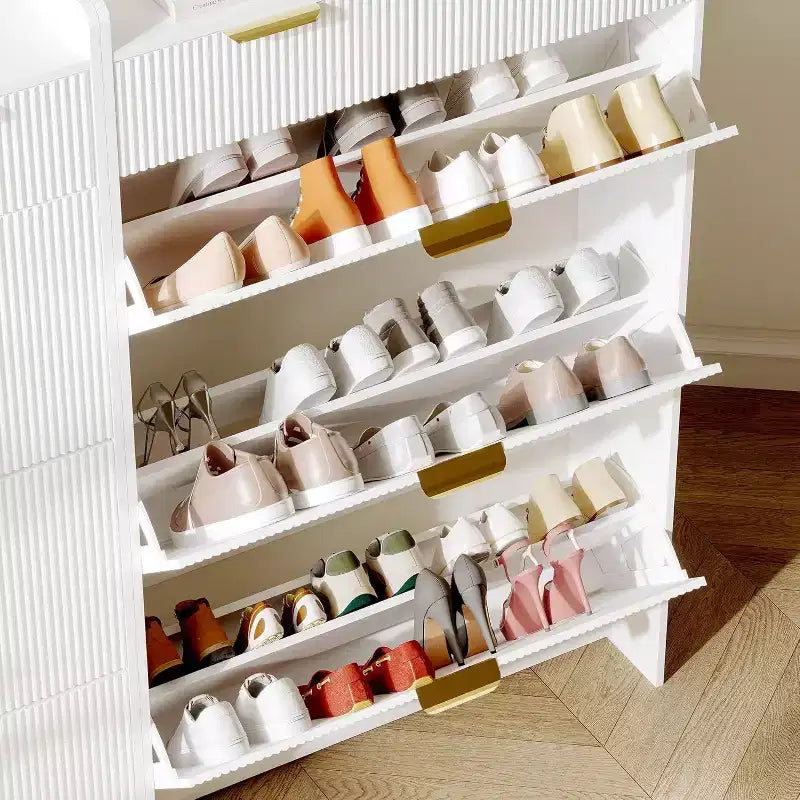 Fluted Narrow Shoe Storage Cabinet with 3 Flip Drawers, Modern Shoe Cabinet, Freestanding Hidden Shoe Rack for Hallway, Entryway, Living Room