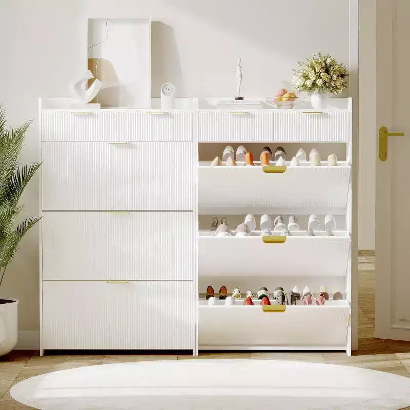 Fluted Narrow Shoe Storage Cabinet with 3 Flip Drawers, Modern Shoe Cabinet, Freestanding Hidden Shoe Rack for Hallway, Entryway, Living Room