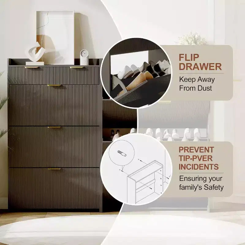 Fluted Narrow Shoe Storage Cabinet with 3 Flip Drawers, Modern Shoe Cabinet, Freestanding Hidden Shoe Rack for Hallway, Entryway, Living Room