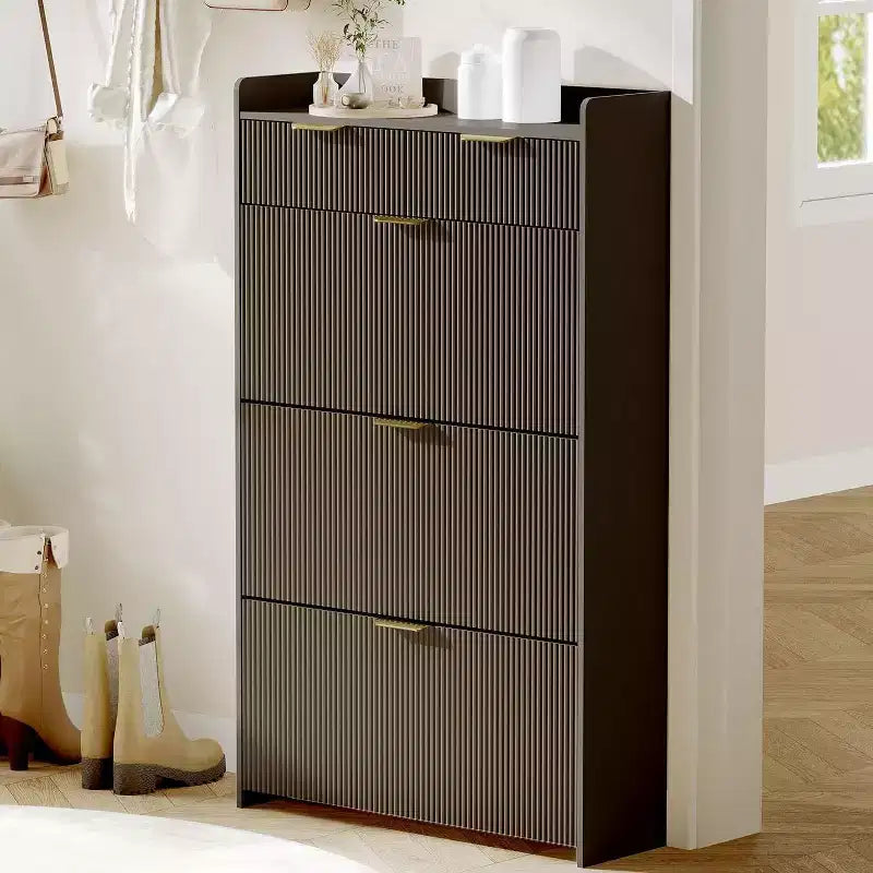 Fluted Narrow Shoe Storage Cabinet with 3 Flip Drawers, Modern Shoe Cabinet, Freestanding Hidden Shoe Rack for Hallway, Entryway, Living Room