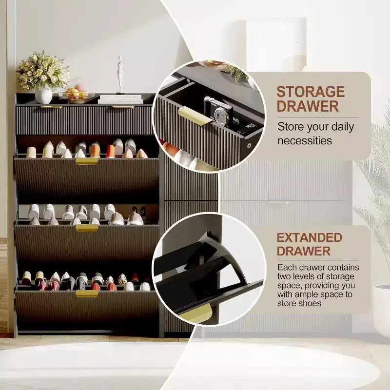 Fluted Narrow Shoe Storage Cabinet with 3 Flip Drawers, Modern Shoe Cabinet, Freestanding Hidden Shoe Rack for Hallway, Entryway, Living Room