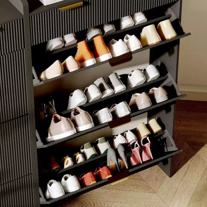 Fluted Narrow Shoe Storage Cabinet with 3 Flip Drawers, Modern Shoe Cabinet, Freestanding Hidden Shoe Rack for Hallway, Entryway, Living Room