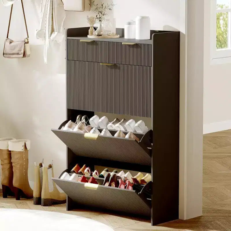 Fluted Narrow Shoe Storage Cabinet with 3 Flip Drawers, Modern Shoe Cabinet, Freestanding Hidden Shoe Rack for Hallway, Entryway, Living Room