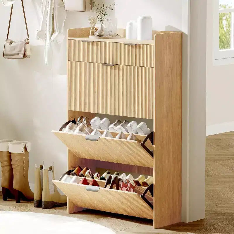 Fluted Narrow Shoe Storage Cabinet with 3 Flip Drawers, Modern Shoe Cabinet, Freestanding Hidden Shoe Rack for Hallway, Entryway, Living Room