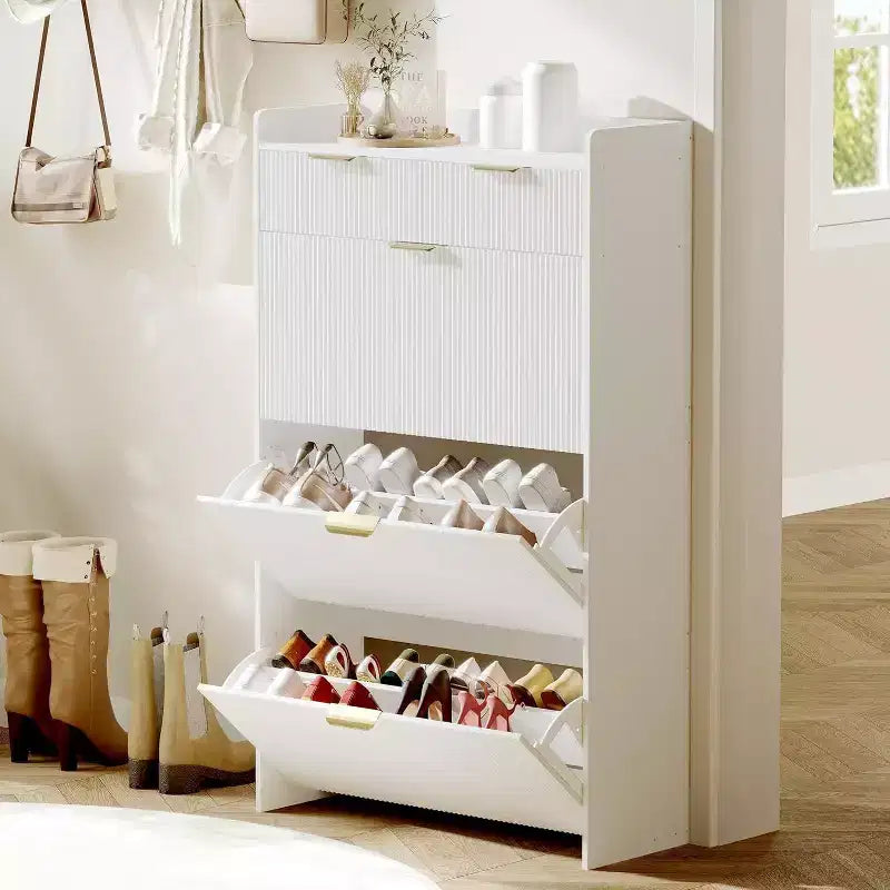 Fluted Narrow Shoe Storage Cabinet with 3 Flip Drawers, Modern Shoe Cabinet, Freestanding Hidden Shoe Rack for Hallway, Entryway, Living Room