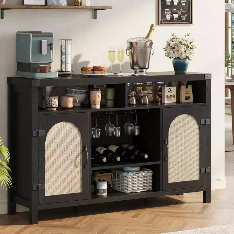 TROPOW Farmhouse Wine Bar Cabinate, Rattan Coffee Bar with Adjustable Storage Shleves, Boho Liquor Sideboard with Wine Racks for Kitchen, Black