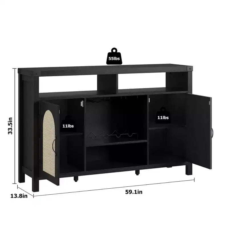 Farmhouse Wine Bar Cabinate, Rattan Coffee Bar with Adjustable Storage Shleves, Boho Liquor Sideboard with Wine Racks for Kitchen, Black