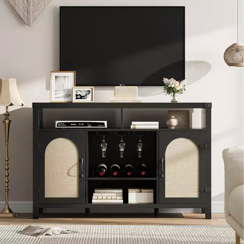 Farmhouse Wine Bar Cabinate, Rattan Coffee Bar with Adjustable Storage Shleves, Boho Liquor Sideboard with Wine Racks for Kitchen, Black