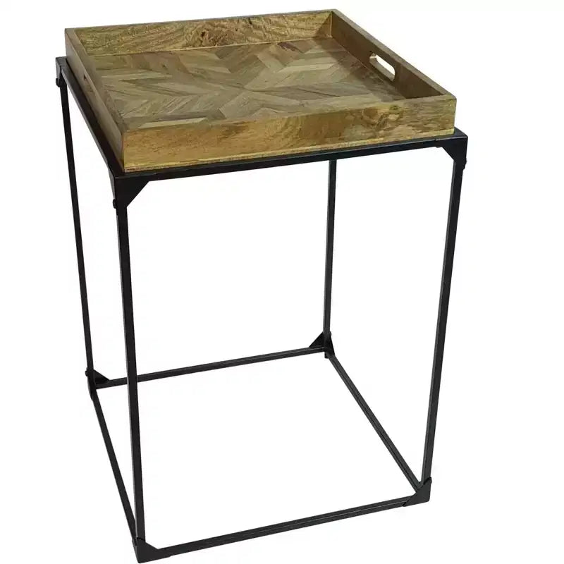 HomeRoots 29 Natural and Black Solid Wood and Iron Square Frame End Table
