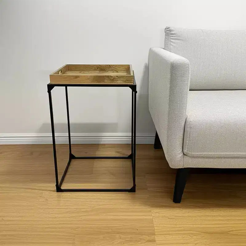 29 Natural and Black Solid Wood and Iron Square Frame End Table