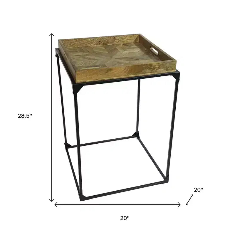 29 Natural and Black Solid Wood and Iron Square Frame End Table