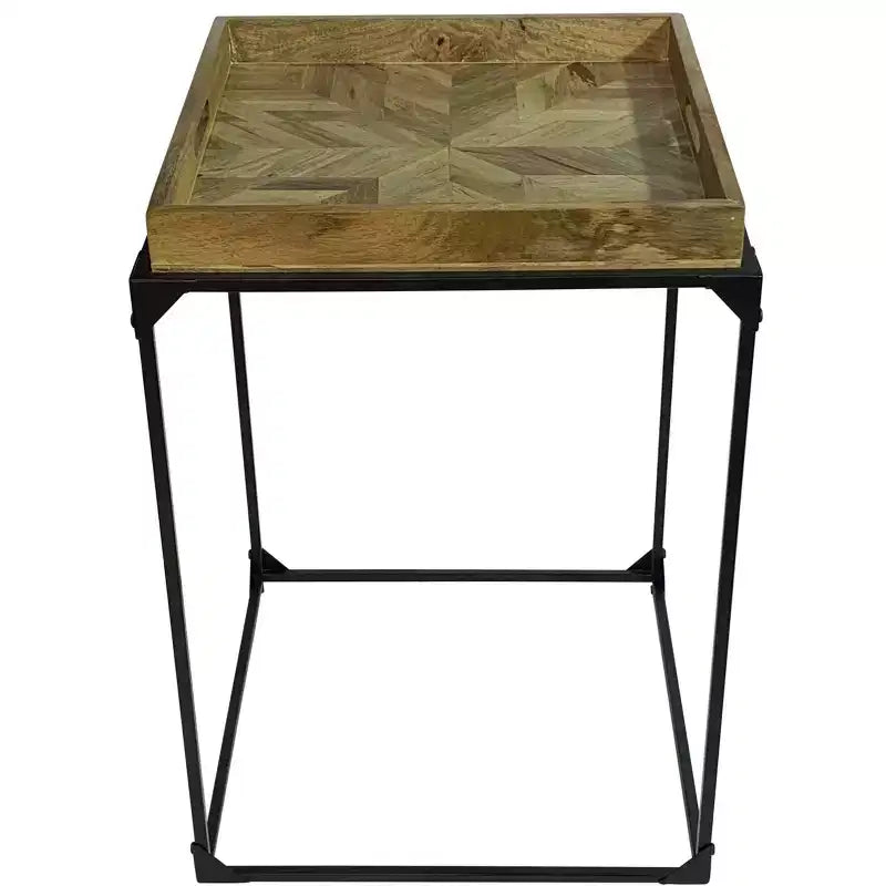 29 Natural and Black Solid Wood and Iron Square Frame End Table