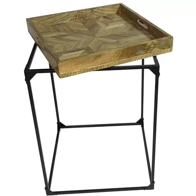 29 Natural and Black Solid Wood and Iron Square Frame End Table