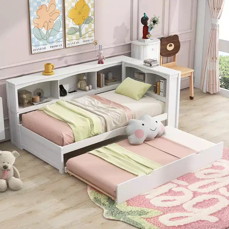 FAMYYT Twin Size Daybed With Space-saving Trundle, Storage Cabinets and USB Ports, Easy Assembly, White