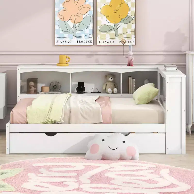 Twin Size Daybed With Space-saving Trundle, Storage Cabinets and USB Ports, Easy Assembly, White