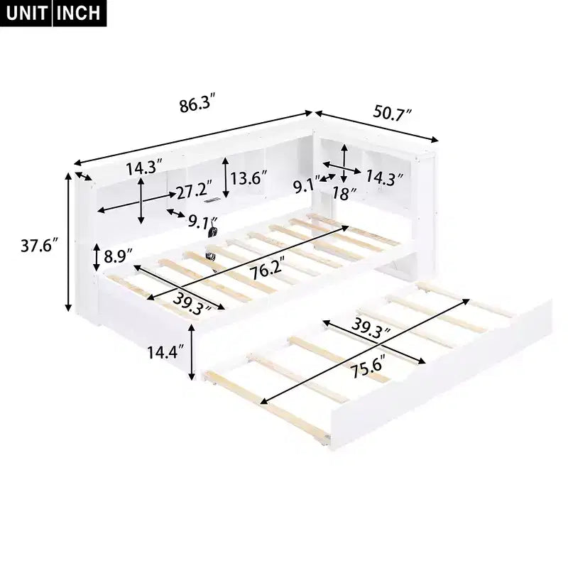 Twin Size Daybed With Space-saving Trundle, Storage Cabinets and USB Ports, Easy Assembly, White