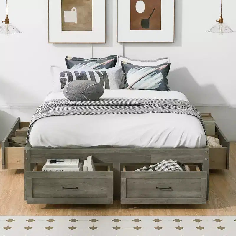 FAMYYT Full Size Wood Platform Bed With 6 Storage Drawers, Easy Assembly