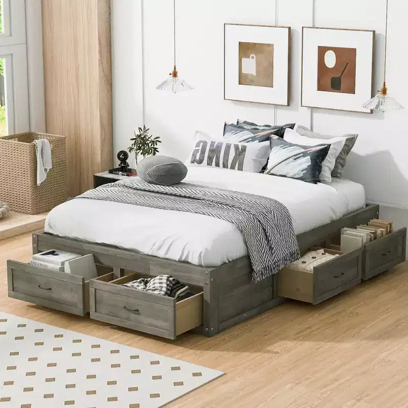 Full Size Wood Platform Bed With 6 Storage Drawers, Easy Assembly