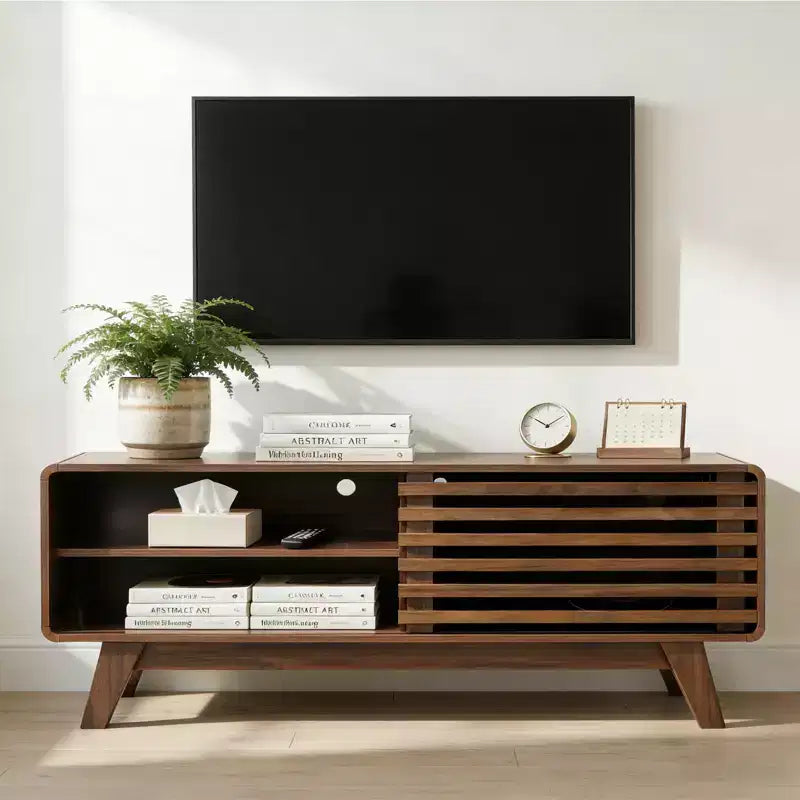 JVNOXK Mid Century Modern TV Stand with Storage, Slatted Sliding Door Media Console for Living Room