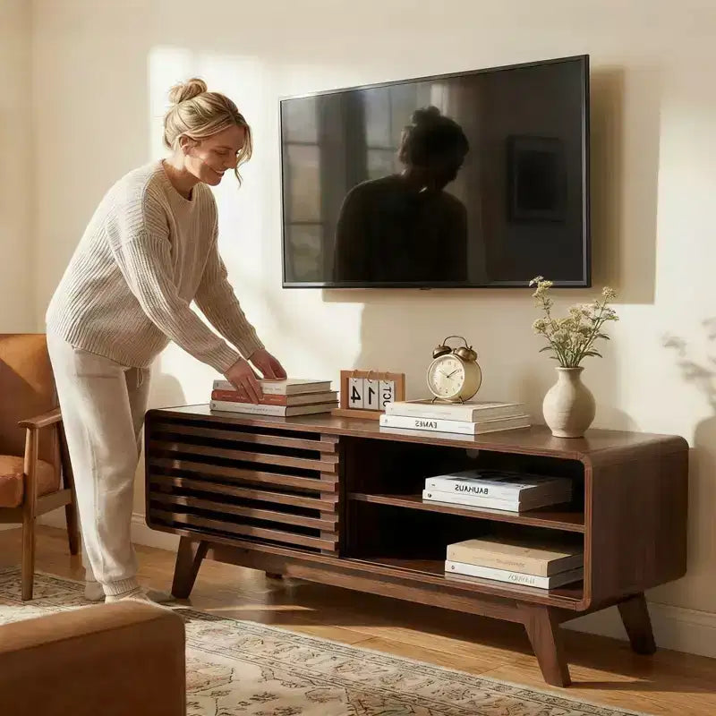 Mid Century Modern TV Stand with Storage, Slatted Sliding Door Media Console for Living Room
