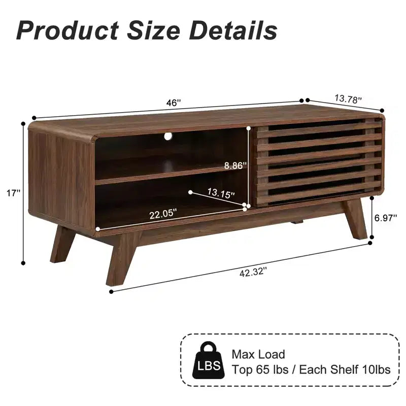 Mid Century Modern TV Stand with Storage, Slatted Sliding Door Media Console for Living Room