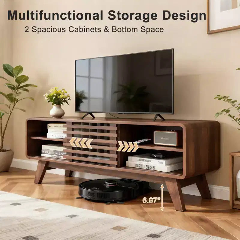 Mid Century Modern TV Stand with Storage, Slatted Sliding Door Media Console for Living Room
