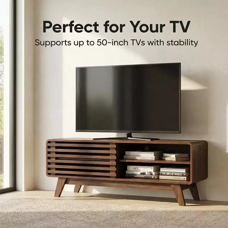 Mid Century Modern TV Stand with Storage, Slatted Sliding Door Media Console for Living Room