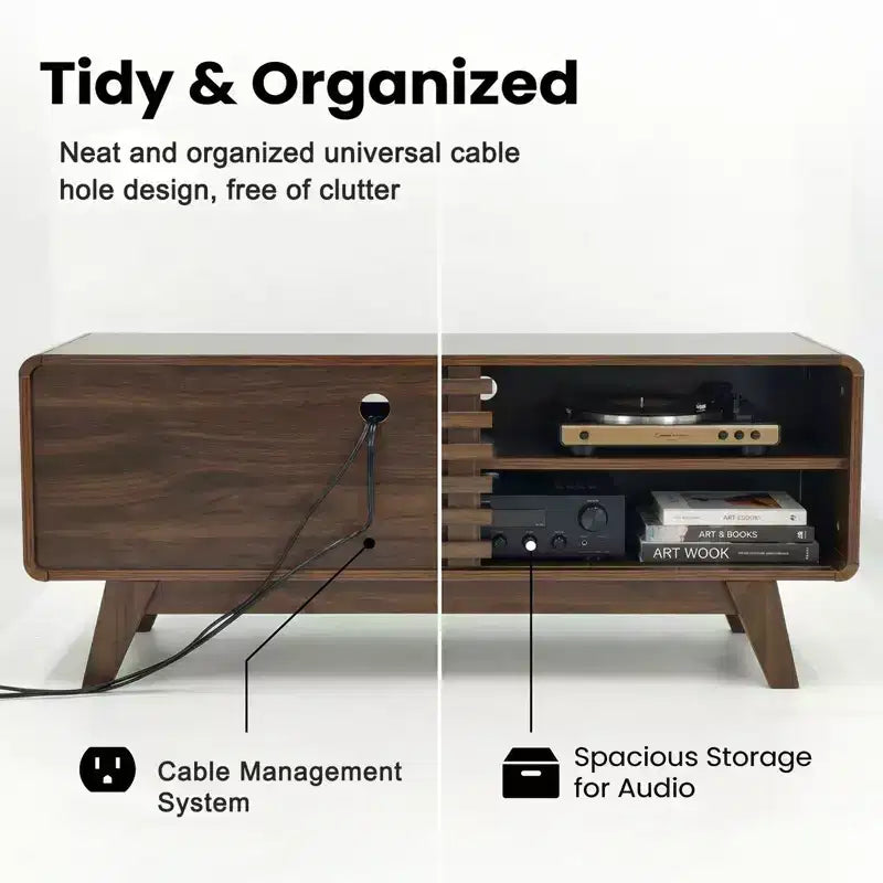 Mid Century Modern TV Stand with Storage, Slatted Sliding Door Media Console for Living Room
