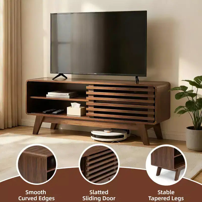 Mid Century Modern TV Stand with Storage, Slatted Sliding Door Media Console for Living Room