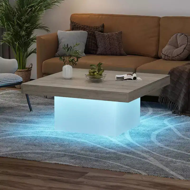 Square Coffee Table, Living Room Centerpiece with 16-Color Lights, Minimalist Plug-in Design, for Home, Office, Apartment, Reading Room, Grey