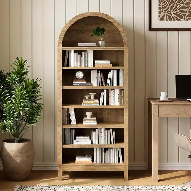 Modern Arched Bookcase  71 Tall Display Rack with 7 Adjustable Shelves  Wooden Freestanding Organizer for Living Room, Bedroom or Hallway