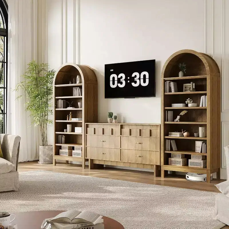 Modern Arched Bookcase 71 Tall Display Rack with 7 Adjustable Shelves Wooden Freestanding Organizer for Living Room, Bedroom or Hallway