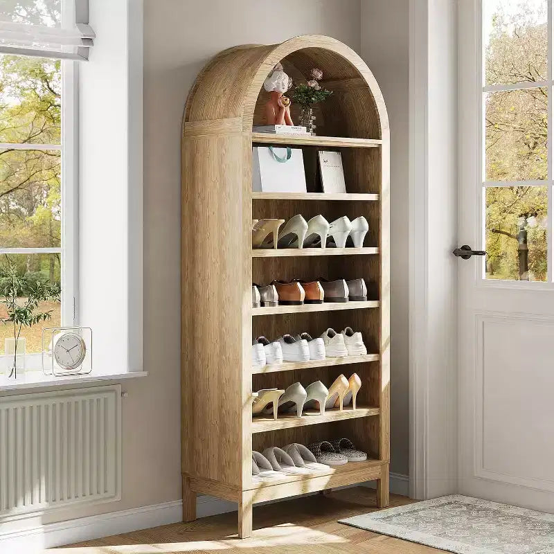 Modern Arched Bookcase 71 Tall Display Rack with 7 Adjustable Shelves Wooden Freestanding Organizer for Living Room, Bedroom or Hallway